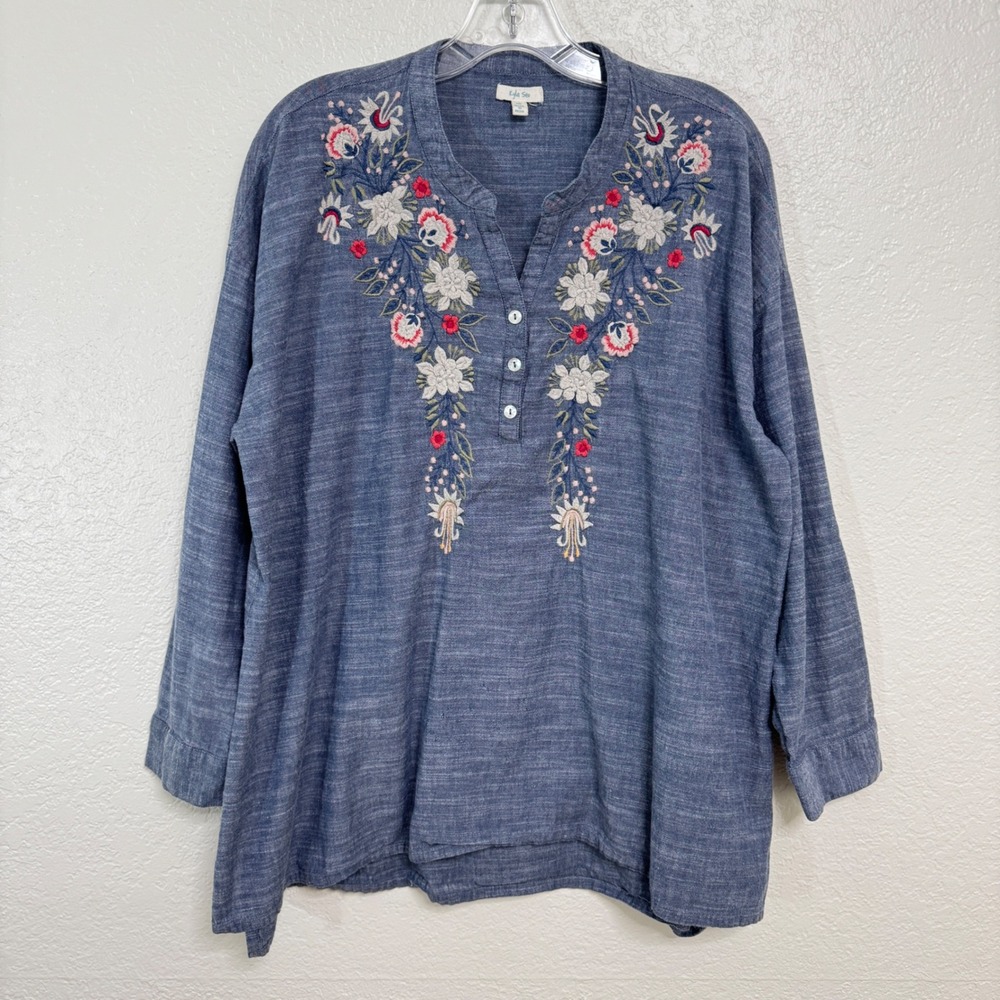 Kyla Seo Blouse Women M Blue Embroidered Cotton Roll Tab Sleeve Boho Top